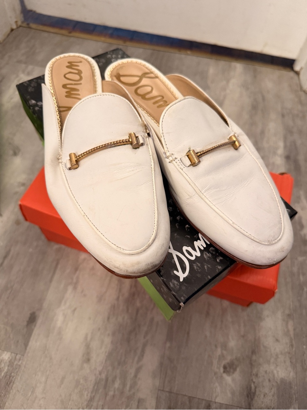 Sam Edelman White Slip-On Loafer Mules with Gold Hardware size 9